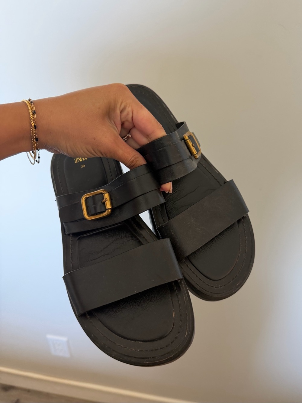 Zara Black Leather Lug-Sole Slide Sandals with Gold Buckle